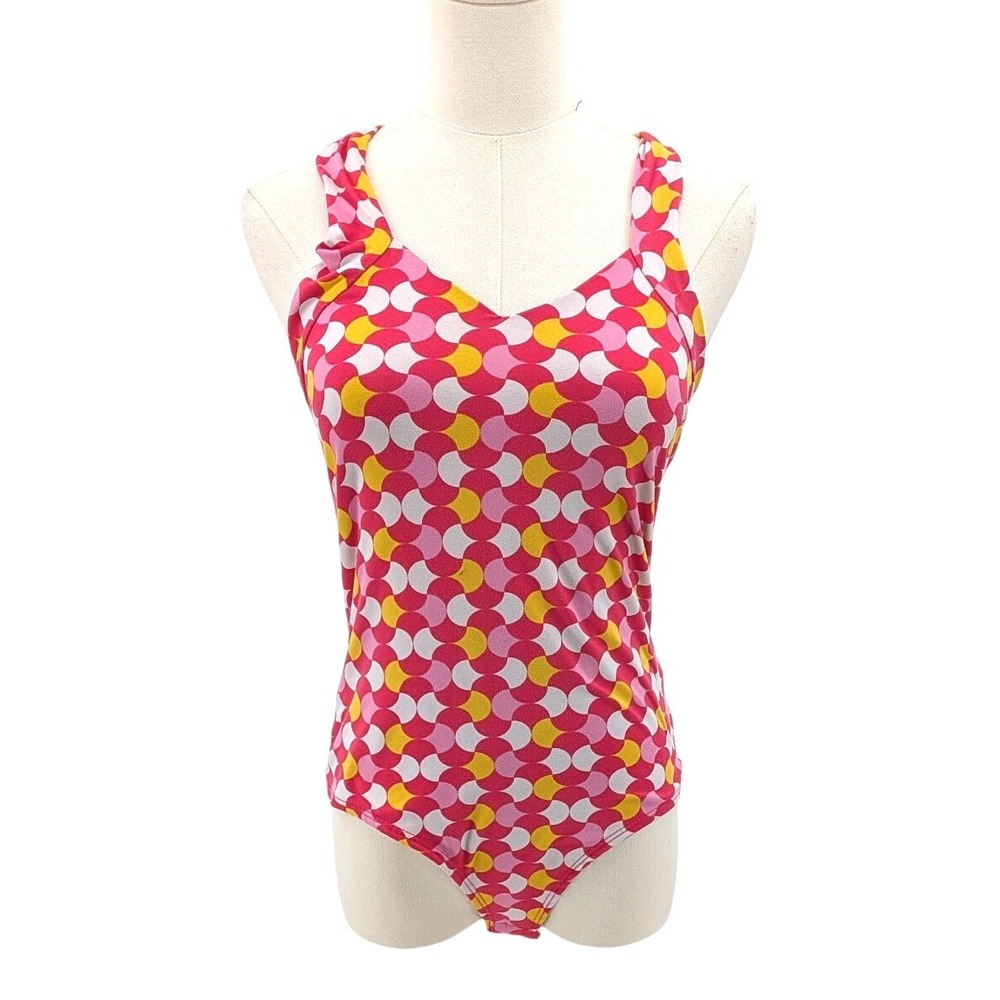 Y2K Retro Mod Bodysuit Pink Geometric Print Stretch Tank Size M